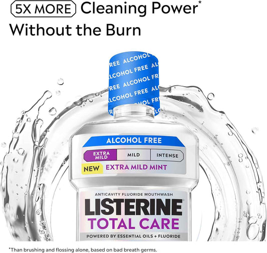 Listerine Mouthwash Total Care Anticavity Treatment for Adults Kills 99.9% of Bad Breath Germs Extra Mild Mint No Burn Alcohol Free Fluoride Mouthwash, 33.8 fl oz