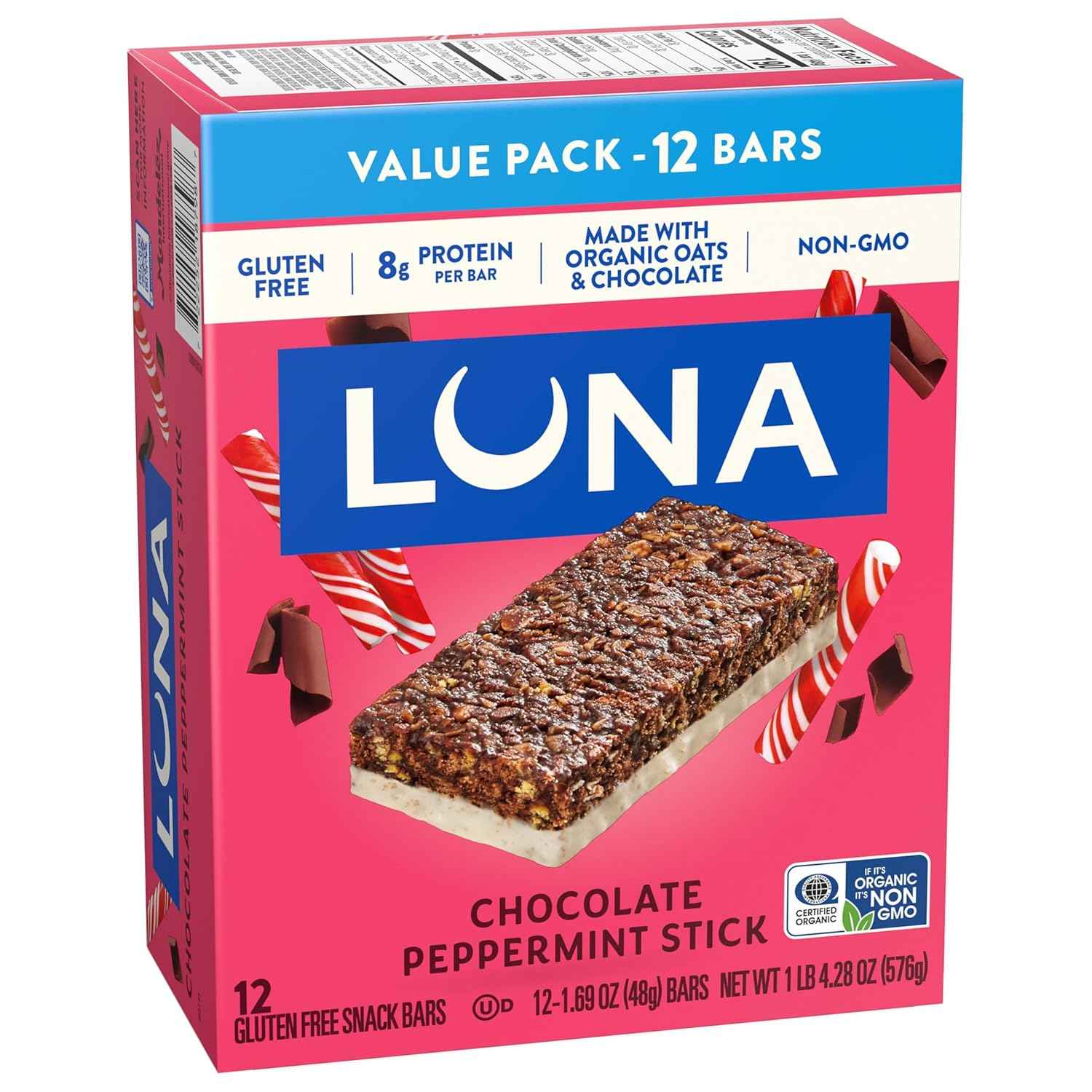 LUNA Bar - Chocolate Peppermint Stick Flavor - Gluten Free Snack Bars - Non-GMO - Protein Bars - Made with Organic Oats - Value Pack (12 Pack)