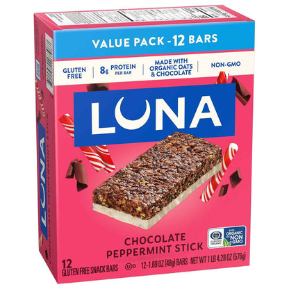 LUNA Bar - Chocolate Peppermint Stick Flavor - Gluten Free Snack Bars - Non-GMO - Protein Bars - Made with Organic Oats - Value Pack (12 Pack)