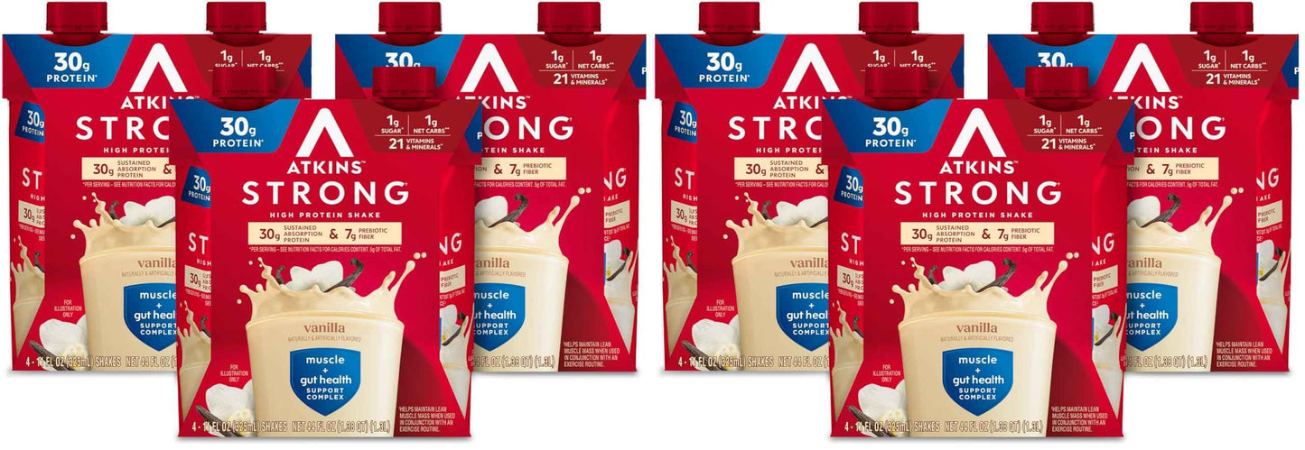Atkins Strong High Protein Shake, 30g Protein, 7g Prebiotic Fiber, 1g Sugar, GLP-1 Support, Muscle & Gut Health Support Complex
