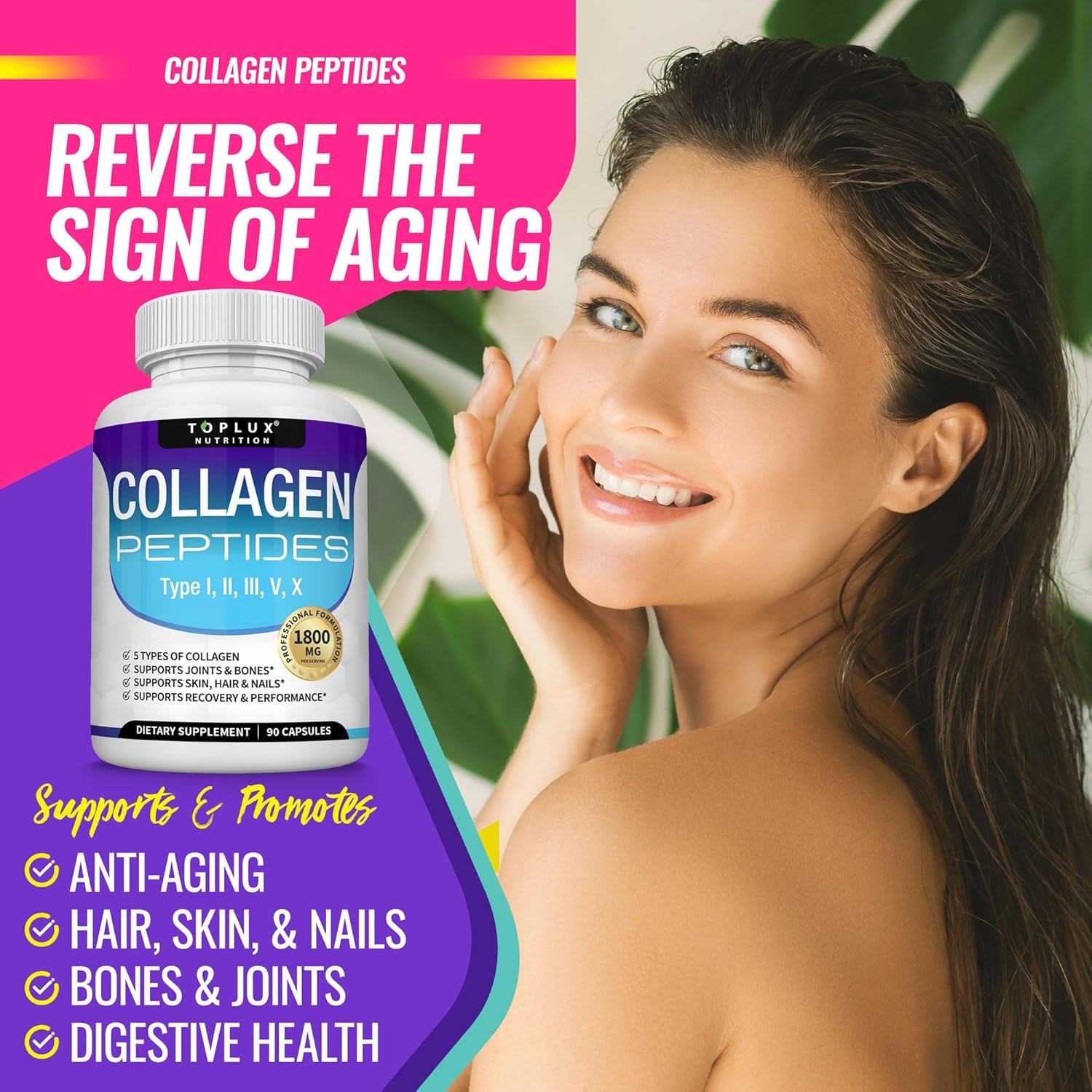 Toplux_Multi_Collagen_Peptides_Pills_1800_Mg_Complex_-_Type_I,_II,_III,_V,_X_Premium_Collagen_Complex_for_Better_Skin_&_Hair,_Strong_Joint,_Hydrolyzed_Protein,_for_Men_Women,_90_Capsules,_Supplement