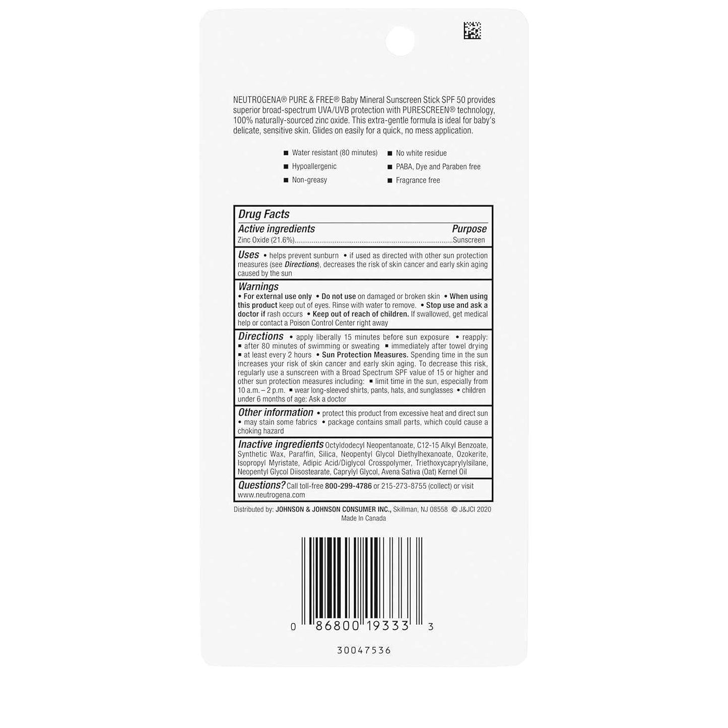 Neutrogena Pure & Free Baby Mineral Sunscreen Stick with Broad Spectrum SPF 50 & Zinc Oxide, Water-Resistant, Hypoallergenic, Paraben-, Dye- & PABA-Free Baby Face & Body Sunscreen, 0.47 oz