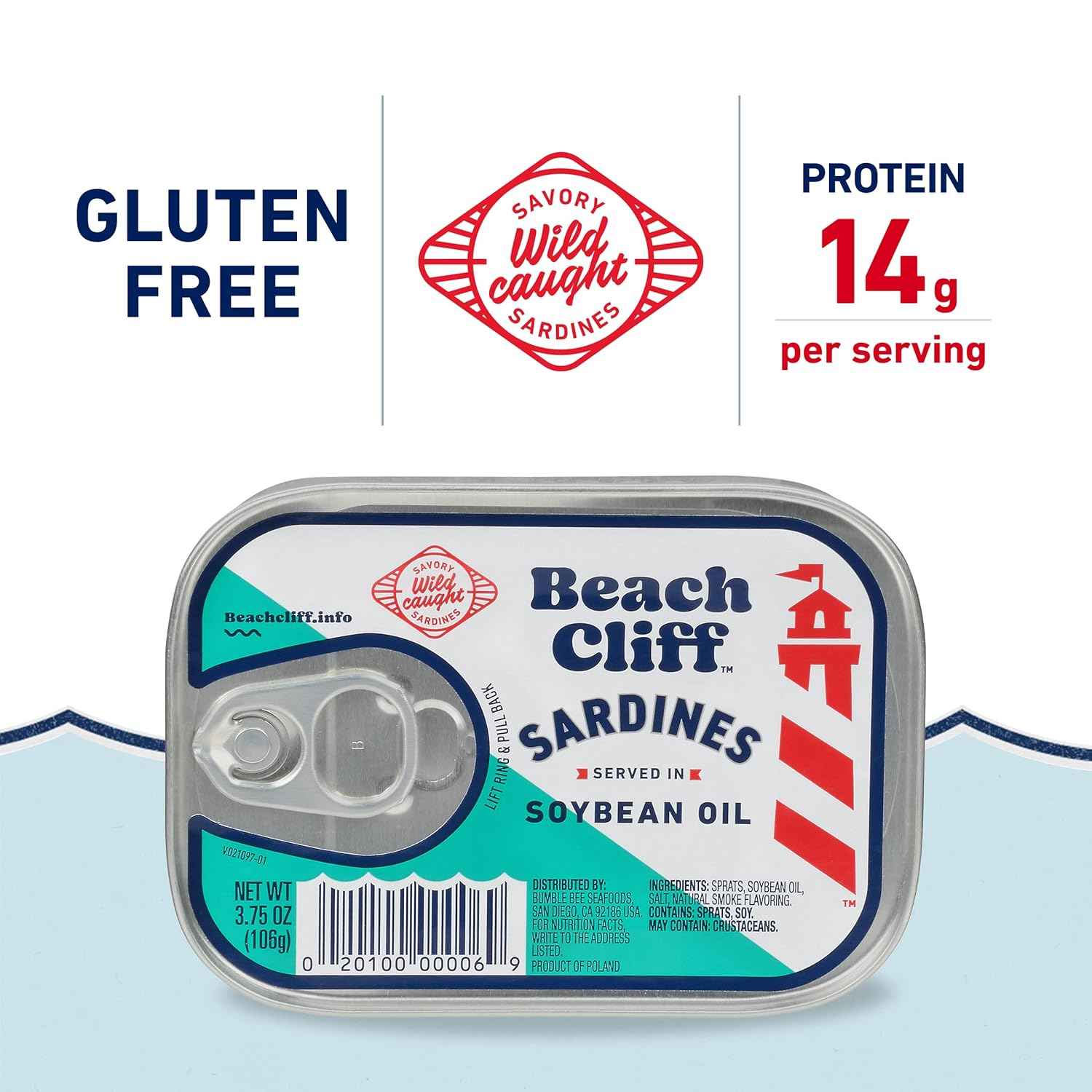 Beach Cliff Wild Caught Sardines, 3.75 oz Can - 13g Protein per Serving - Gluten Free, Keto Friendly - Great for Pasta & Seafood Recipes