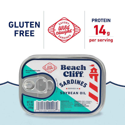 Beach Cliff Wild Caught Sardines, 3.75 oz Can - 13g Protein per Serving - Gluten Free, Keto Friendly - Great for Pasta & Seafood Recipes
