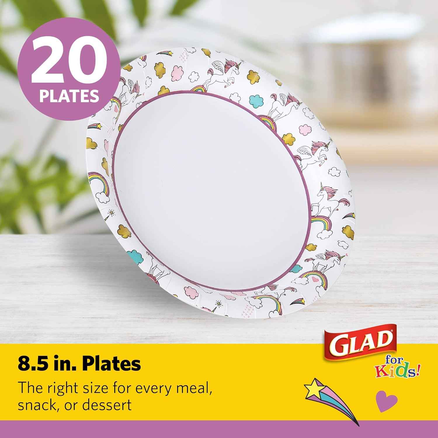 Glad for Kids Unicorn Theme Disposable Paper Plates, Heavy-Duty Soak-Proof Round Plates for Kids Birthdays, Parties, and Everyday Meals, Microwave Safe