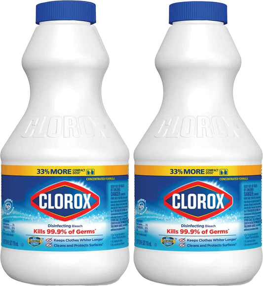 Clorox Regular Disinfecting Bleach Cleaner, 2 Pack Concentrated Liquid Bleach, Removes Mold, Mildew and Stains, Whitens, for Multi Purpose Cleaning and Laundry, 24 oz Bottles