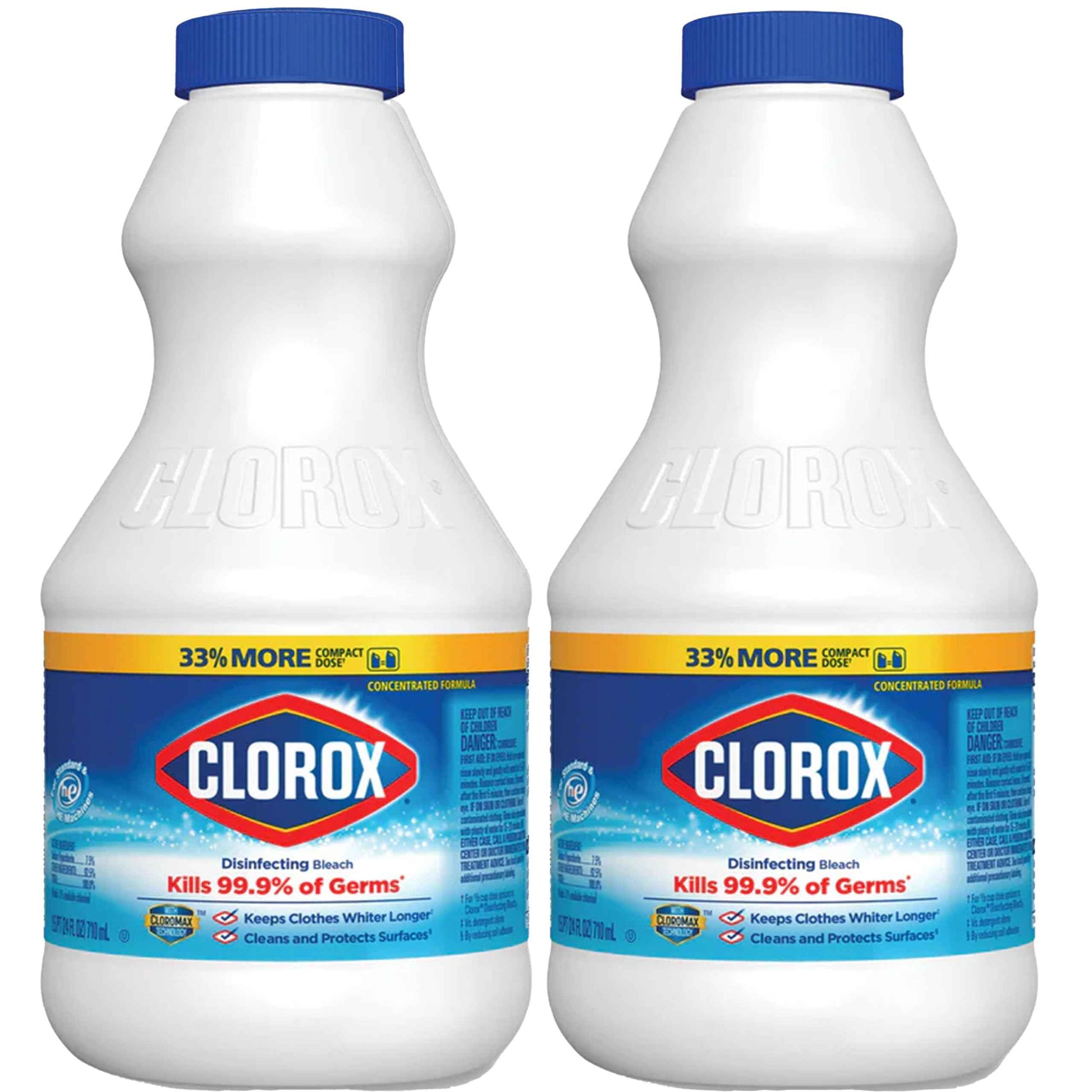 Clorox Regular Disinfecting Bleach Cleaner, 2 Pack Concentrated Liquid Bleach, Removes Mold, Mildew and Stains, Whitens, for Multi Purpose Cleaning and Laundry, 24 oz Bottles