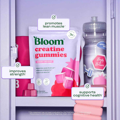 Bloom Creatine Monohydrate Gummies, 5g Per Serving, Sugar Free Creatine Gummy for Workout, Strength, Cognitive Health & Lean Muscle Support, Gluten Free & Non GMO, Berry Boost,