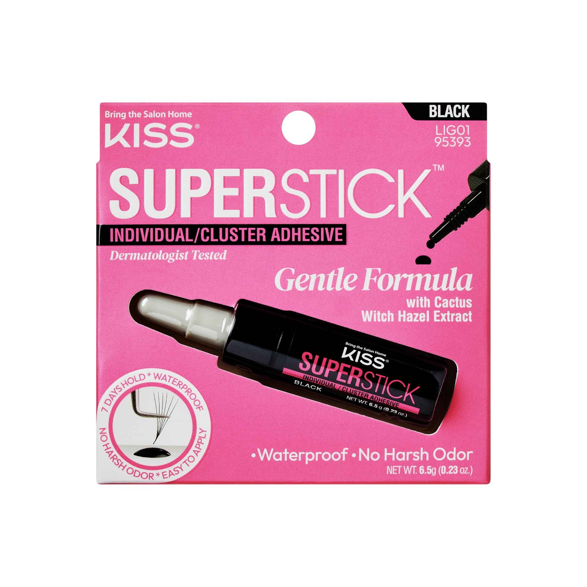 KISS SuperStick Individual Lash Cluster Adhesive, Gentle Formula, 7 Day Hold, Cactus & Witch Hazel Extract, Dermatologist Tested, Waterproof Lash Glue, No Harsh Odor, Net Wt. 6.5g (0.23 oz.)