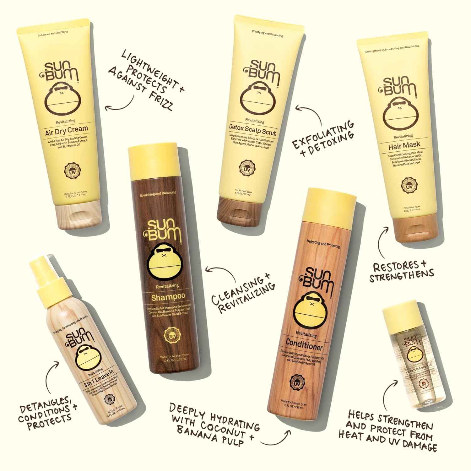Sun Bum Revitalizing Air Dry Cream - Anti Frizz Styling Cream with Banana Extract and Sunflower Oil - Vegan - Without Parabens - UV Protecting - Helps Smooth and Enhance Natural Hair Texture - 6 fl oz