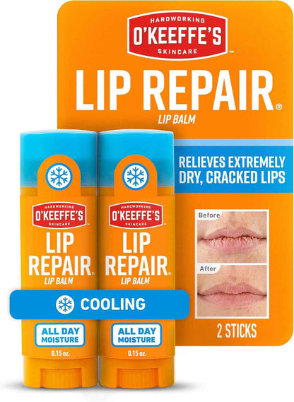 O'Keeffe's Lip Repair Lip Balm With Cooling Relief for Dry, Cracked Lips - Stick (Twin Pack) - Moisturizer for Extremely Cracked, Dry Lips