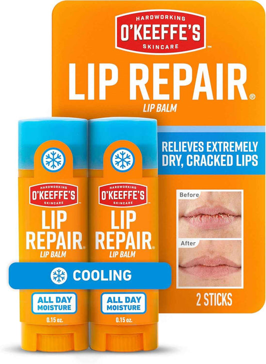 O'Keeffe's Lip Repair Lip Balm With Cooling Relief for Dry, Cracked Lips - Stick (Twin Pack) - Moisturizer for Extremely Cracked, Dry Lips