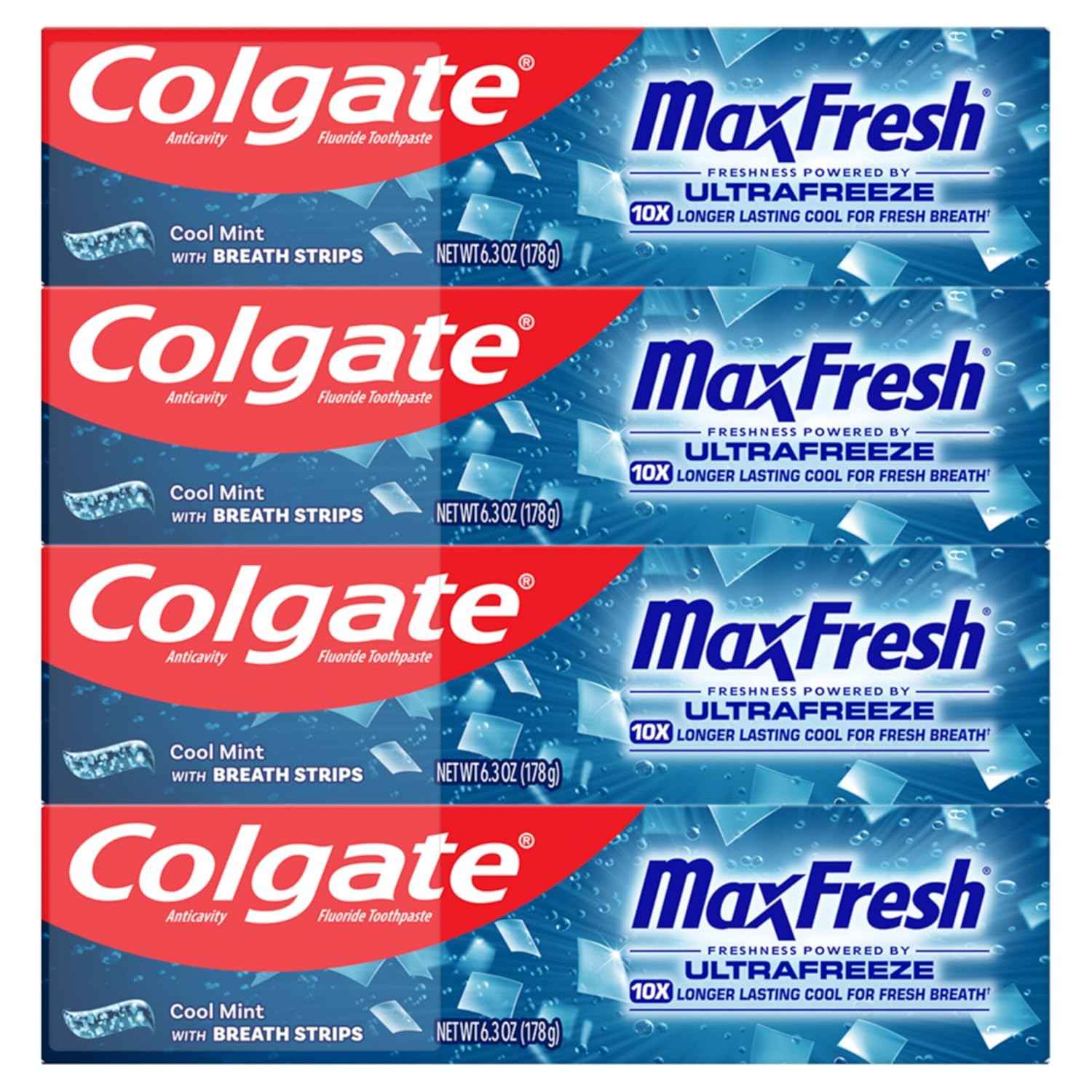 Colgate MaxFresh Cool Mint Toothpaste Pack, Fresh Breath Toothpaste with Fluoride and Hundreds of Mini Breath Strips, Leaves Mouth Feeling Refreshed for Hours