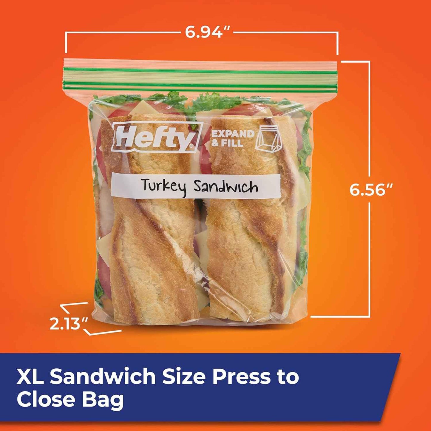Hefty XL Press to Close Plastic Sandwich Expand and Fill Food Storage Bags