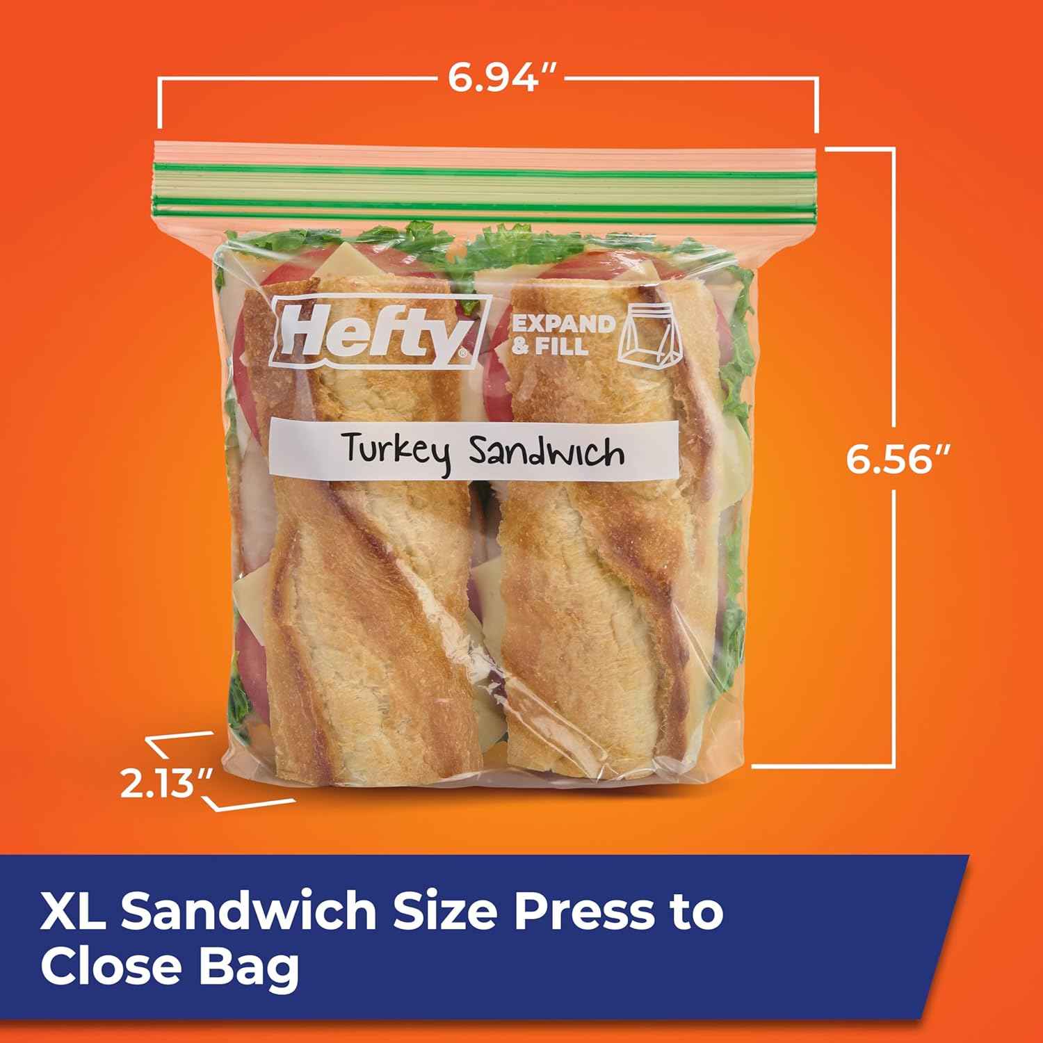 Hefty XL Press to Close Plastic Sandwich Expand and Fill Food Storage Bags