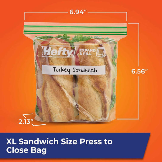 Hefty XL Press to Close Plastic Sandwich Expand and Fill Food Storage Bags