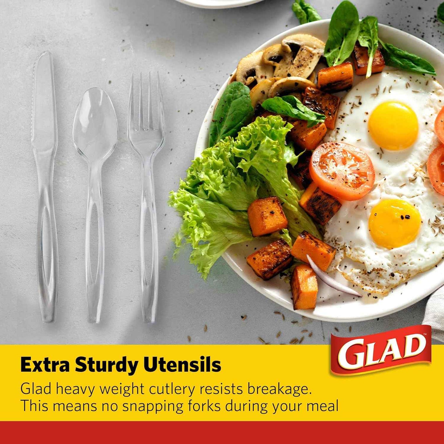 Glad Clear Disposable Cutlery Set with Heavy Duty Plastic Forks, Knives, and Spoons, Reusable Dishwasher Safe Plastic Utensils for Parties and Everyday Use