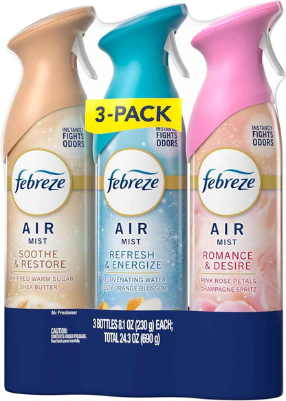 Febreze Air Mist, Air Freshener, Odor Fighting Room Spray, Deodorizer for Home Bathroom Kitchen Office Apartment, Soothe & Restore, Refresh & Energize, Romance & Desire Variety Pack