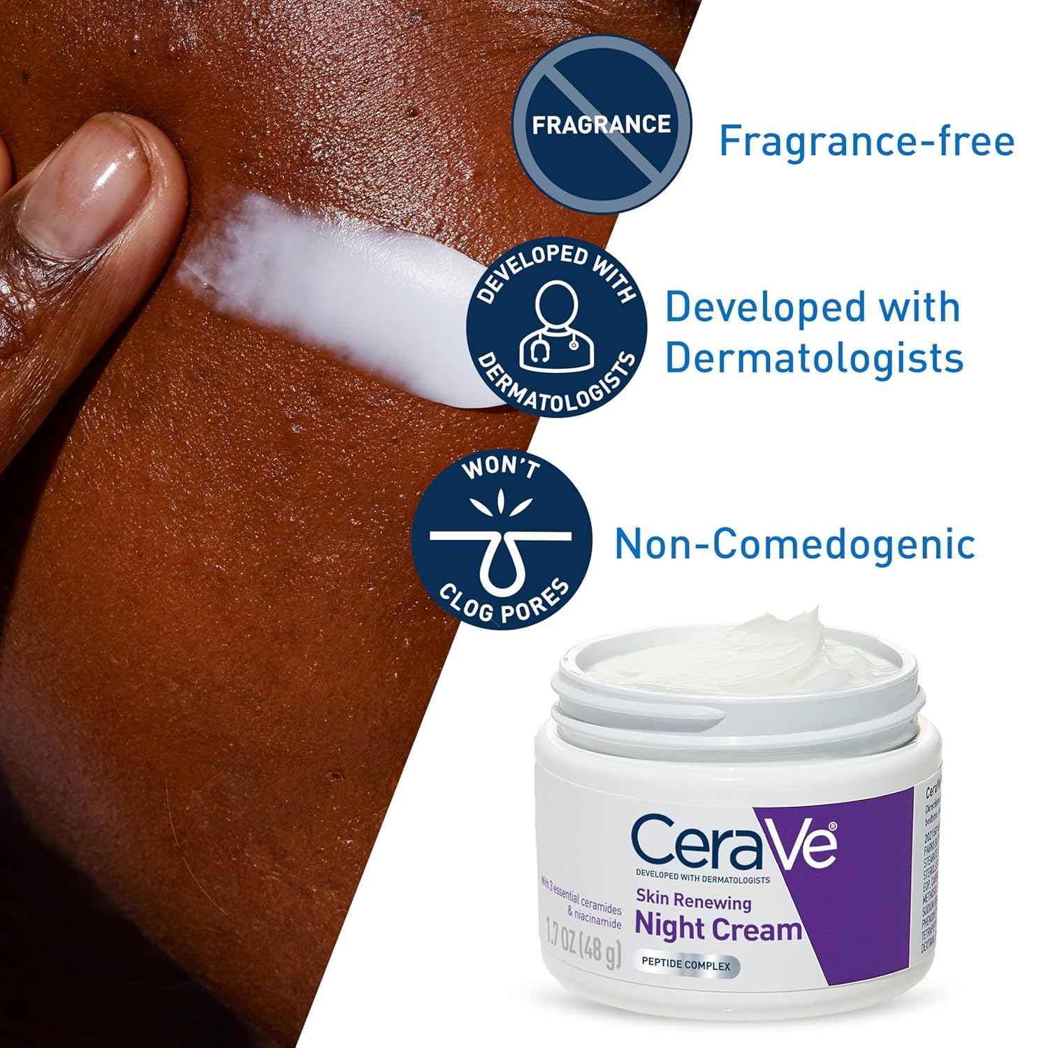 CeraVe Skin Renewing Night Cream, Niacinamide, Peptide Complex, and Hyaluronic Acid Moisturizer for Face, 1.7 Ounce