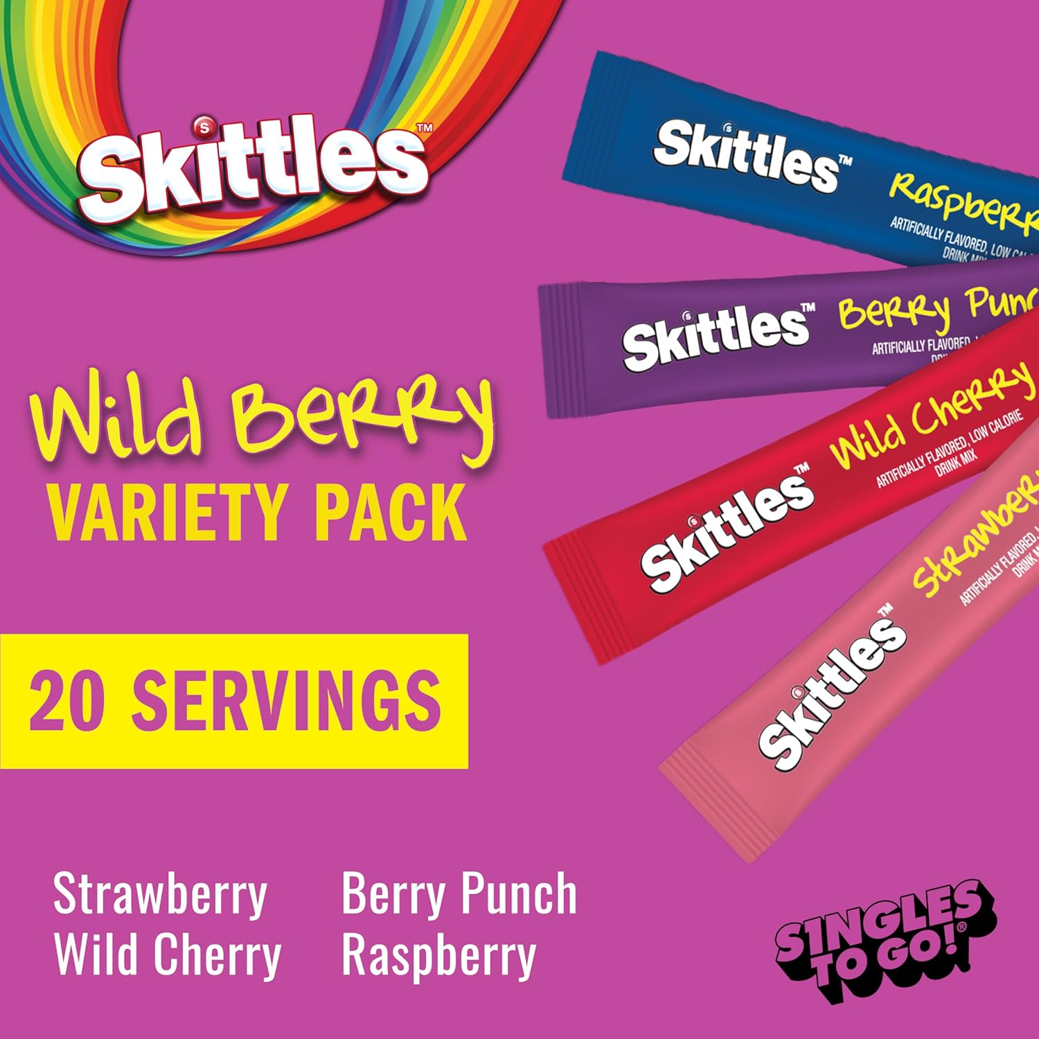 Skittles_Singles_To_Go_Variety_Pack,_Watertok_Powdered_Drink_Mix,_Zero_Sugar,_Low_Calorie,_Includes_4_Flavors,_1_Box_(20_Single_Servings)_(Wild_Berry)