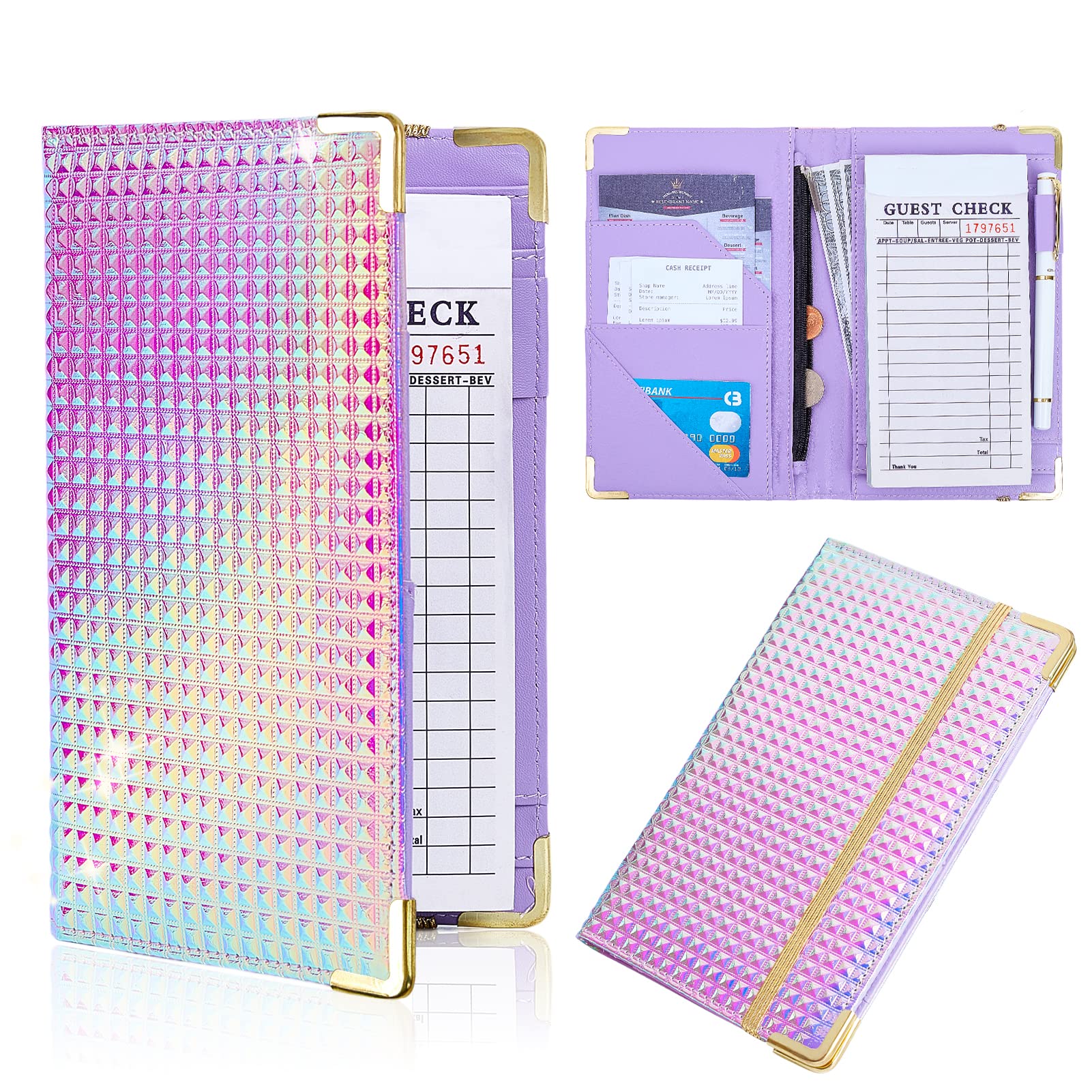 Server Book Waitress Book with Money Pocket Unique Glitter Leather Server Books for Waitress Black Serving Books with Zipper Pocket Waiter Accessories, Blue purple
