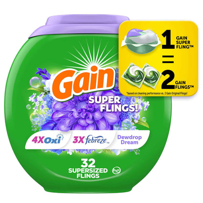 Gain Super Flings Laundry Detergent Pacs, Dewdrop Dream scent, clean and fresh washing detergent laundry soap pacs