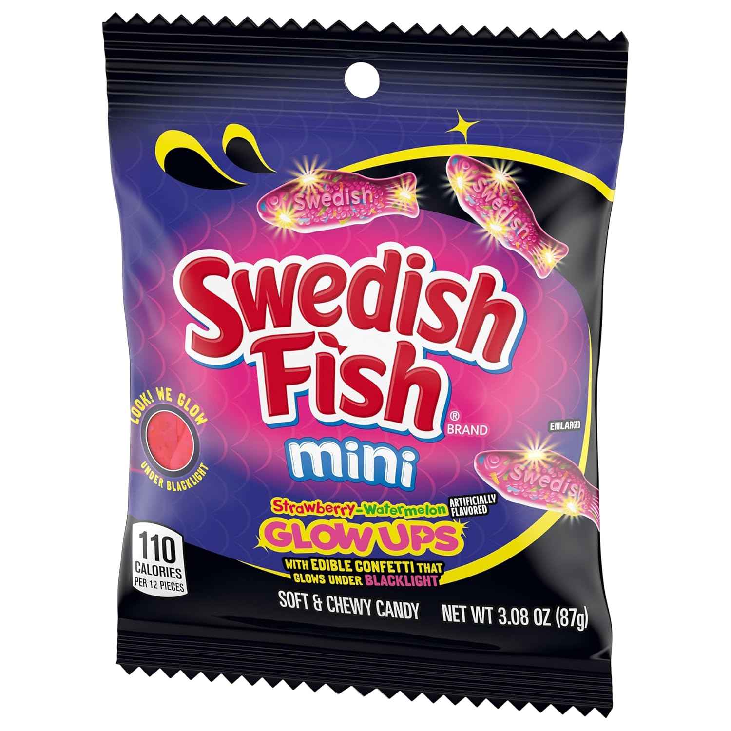 SWEDISH FISH Mini Glow Ups Strawberry-Watermelon Soft & Chewy Gummy Candy, Bulk Candy, 12-3.08 oz Bags
