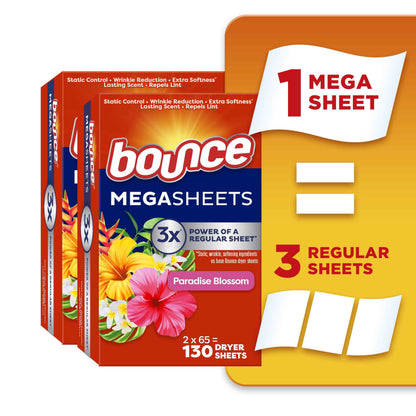 Bounce Mega Dryer Sheets, Paradise Blossom, Mega Fabric Softener Sheets with Static Control, Wrinkle Reduction, Extra Softness, Lasting Scent, Repels Lint