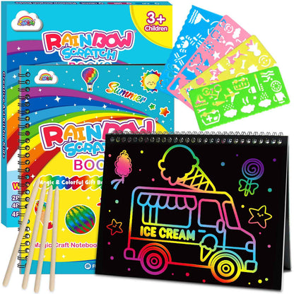 ZMLM Scratch Paper Art-Crafts Gift: 2 Pack Rainbow Notebooks Supplies Toys Easter Basket Stuffers for 3 4 5 6 7 8 9 10 Years Old Girls and Boys Kids Valentine's Day Birthday Party Travel Games