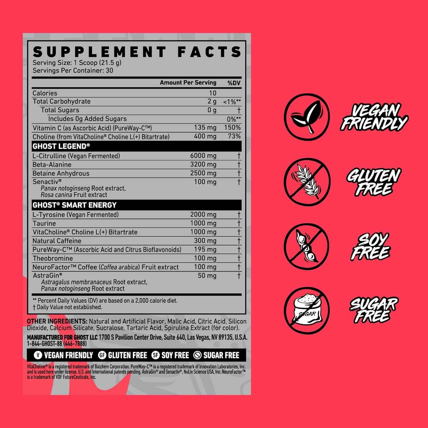 GHOST Legend Pre-Workout Powder - 30 Servings – Pre-Workout for Men & Women with Choline, L-Citrulline, & Beta Alanine for Energy & Focus