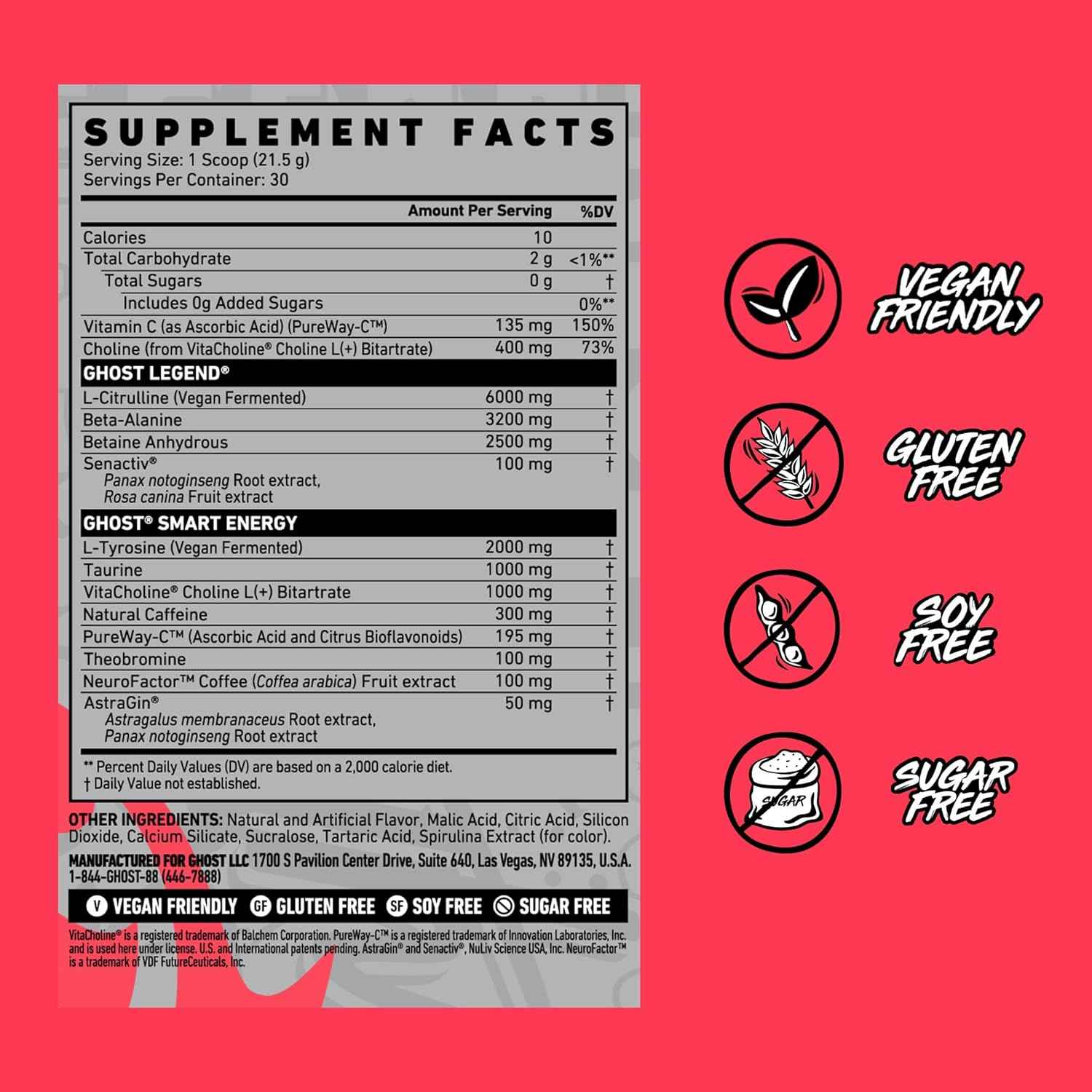 GHOST Legend Pre-Workout Powder - 30 Servings – Pre-Workout for Men & Women with Choline, L-Citrulline, & Beta Alanine for Energy & Focus