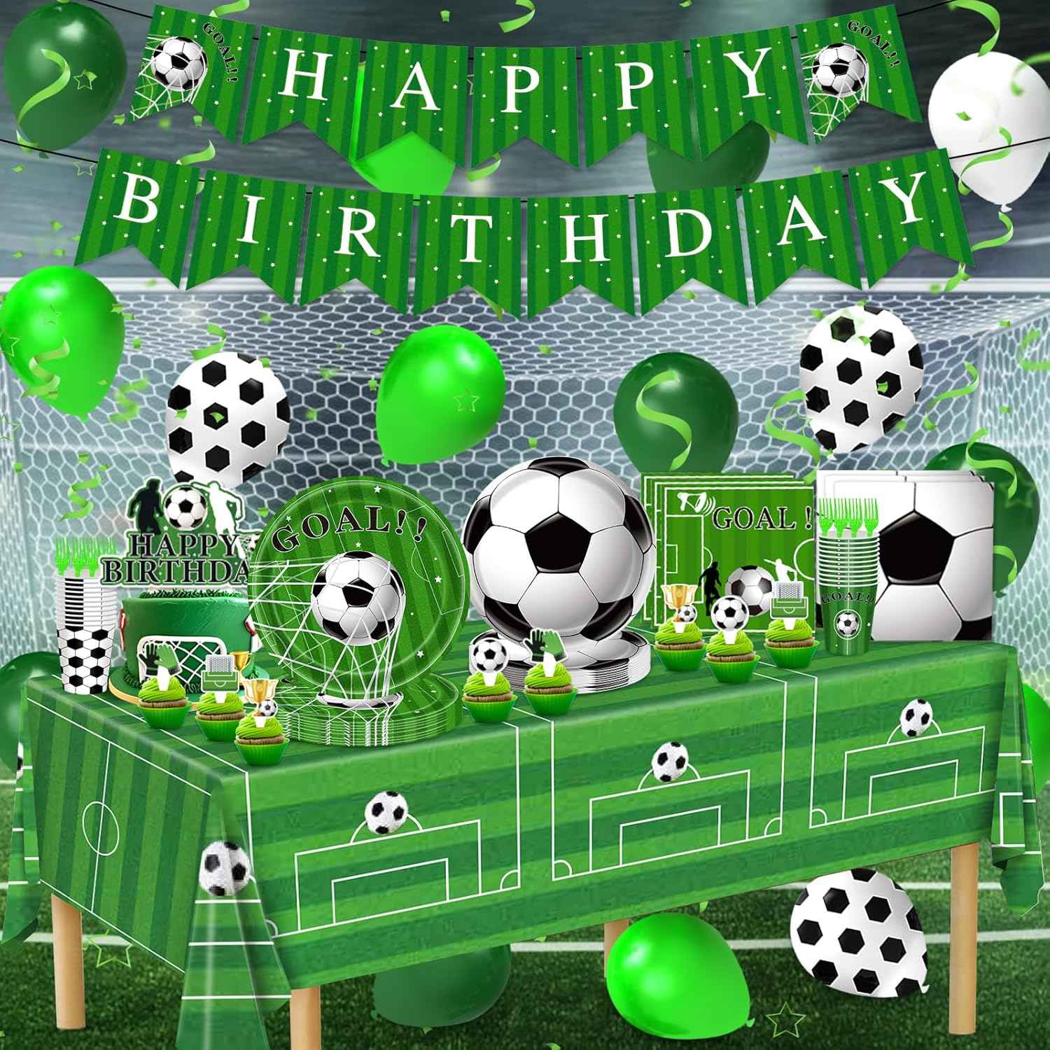 Soccer Party Decorations, 143Pcs Soccer Birthday Party Supplies-Serves 24 with Plates and Napkins Tablecloth and Birthday Banner Balloons for Soccers Sports Theme Birthdays Decorations