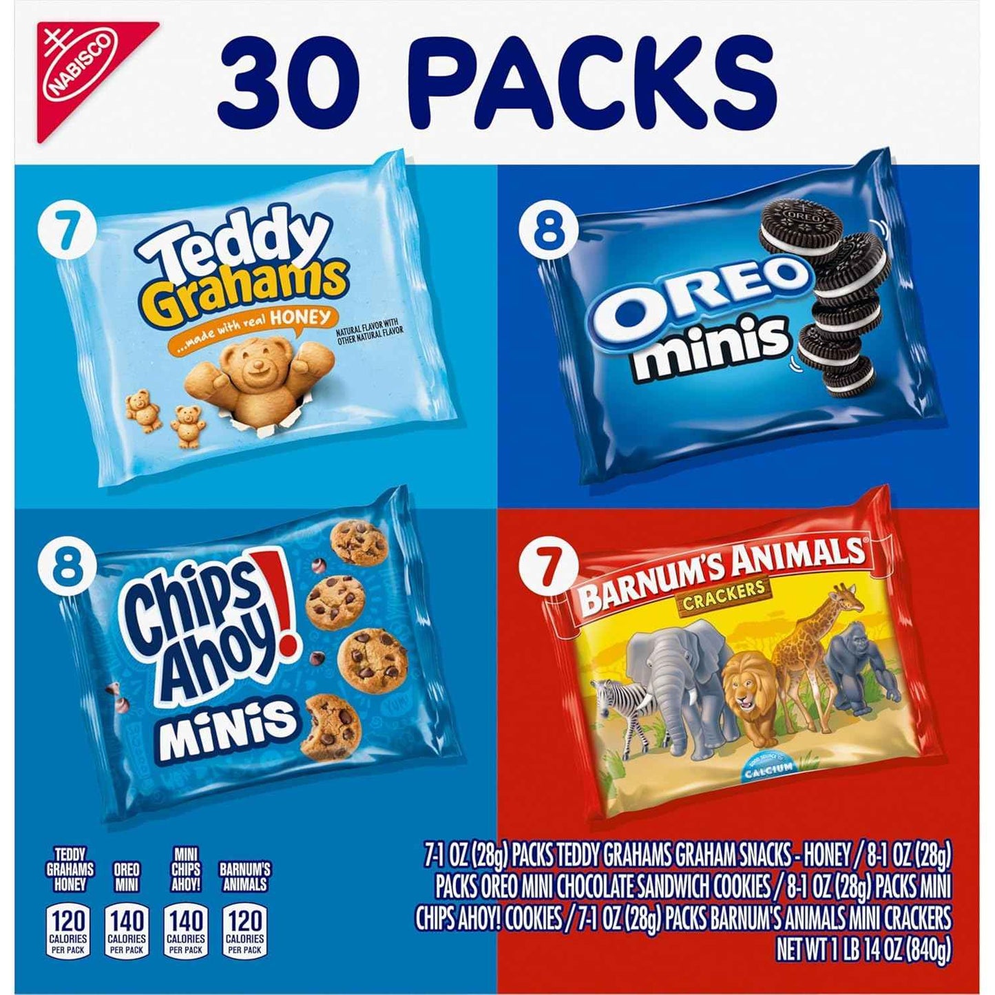 Nabisco Team Favorites Variety Pack, OREO Mini, CHIPS AHOY! Mini, Teddy Grahams Honey & Barnum's Animal Crackers, 30 Snack Packs