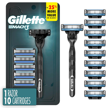 Gillette_Mach3_Shaving_Razor_for_Men,_1_Razor_Gillette_3-Blade_Handle_for_Men’s_Grooming,_10_Razor_Blade_Refills,_Lubrication_Strip