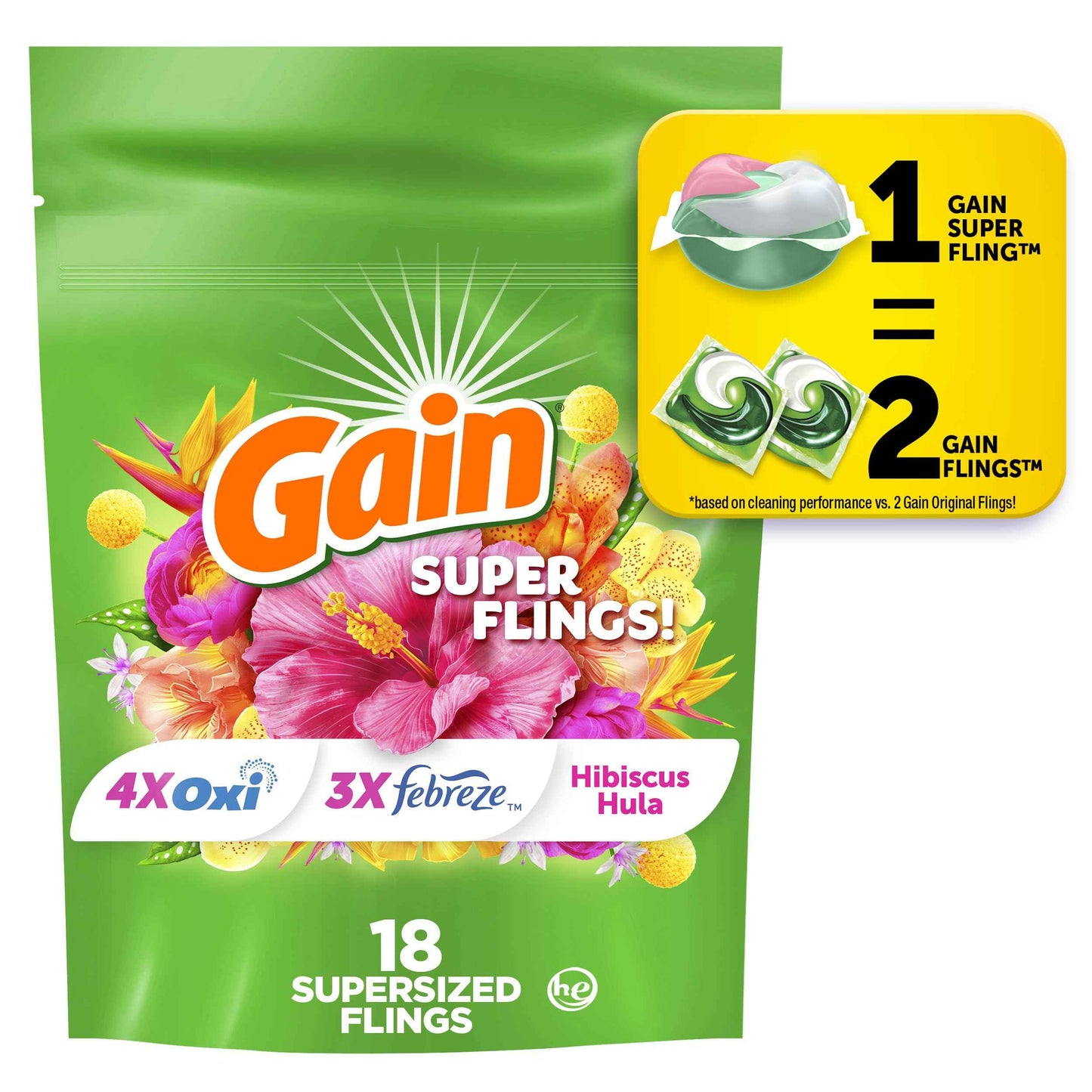 Gain Plus Flings Liquid Washing Detergent Pods, Gain's Best Clean, All-In-One, Happy Hibiscus Scent Laundry Pacs