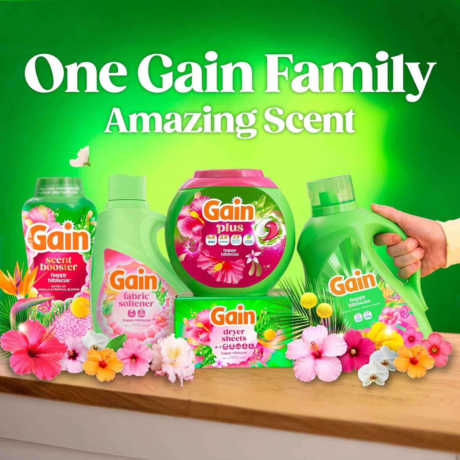 Gain Plus Flings Liquid Washing Detergent Pods, Gain's Best Clean, All-In-One, Happy Hibiscus Scent Laundry Pacs