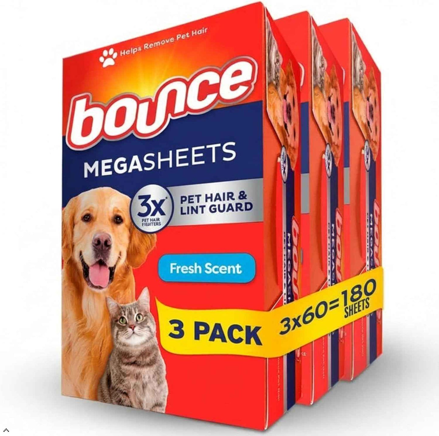 Bounce Pet Hair and Lint Guard Mega Dryer Sheets with 3X Pet Hair Fighters, Fresh Scent