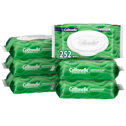 Cottonelle GentlePlus Flushable Wet Wipes with Aloe &amp;amp; Vitamin E, 6 Flip-Top Packs, 42 Wipes Per Pack (252 Total Wipes), Packaging May Vary