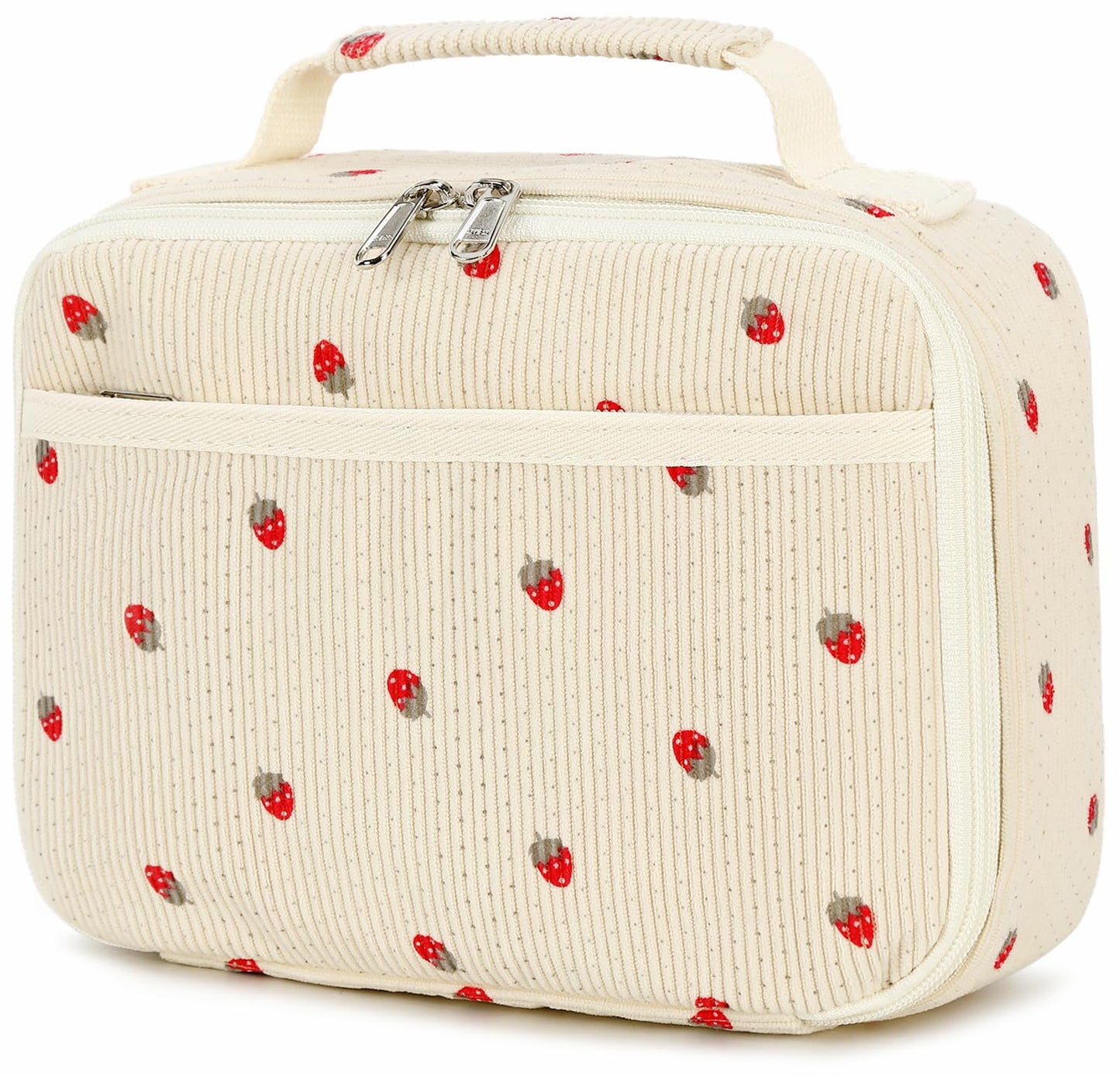 Bluboon Insulated Lunch Bag for Girls &amp;amp; Boys, Corduroy School Lunch Box with Cooler &amp;amp; Organizer Compartments, Leak-Proof Lunch Tote for School, Travel (Corduroy Strawberries Beige)
