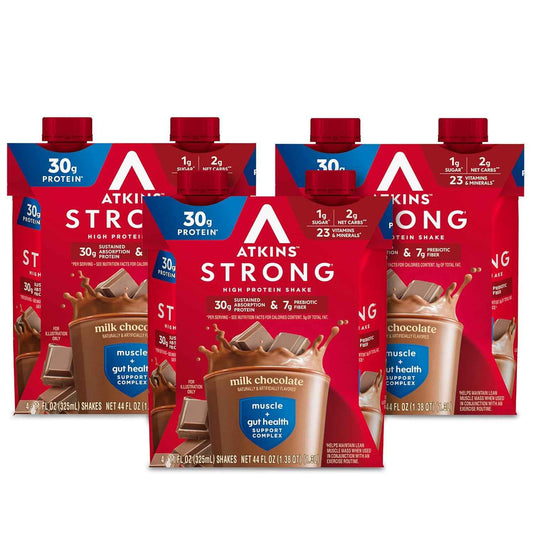 Atkins Strong High Protein Shake, 30g Protein, 7g Prebiotic Fiber, 1g Sugar, GLP-1 Support, Muscle & Gut Health Support Complex