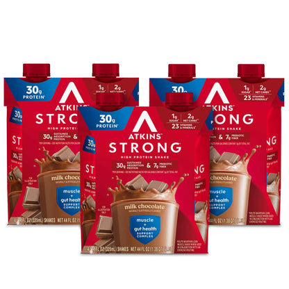 Atkins Strong High Protein Shake, 30g Protein, 7g Prebiotic Fiber, 1g Sugar, GLP-1 Support, Muscle & Gut Health Support Complex