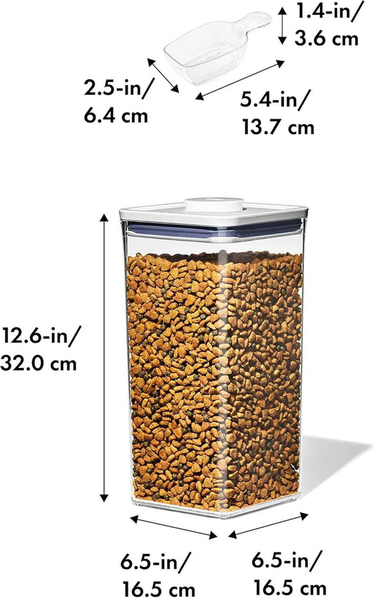 OXO Good Grips Pet POP Container with Half Scoop, Ideal for up to 6.5lbs of Dog Food or 4.5lbs of Cat Food, Airtight Dog and Cat Food Storage Container, BPA Free, Clear