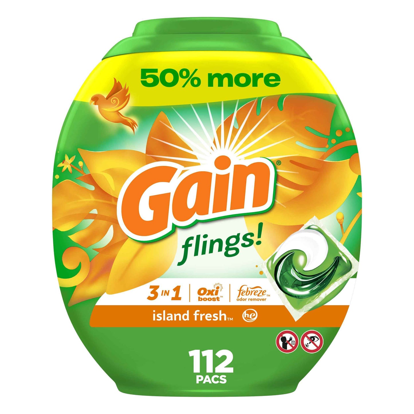 Gain Flings Liquid Washing Detergent Pacs with Odor Defense + Color Guard, 4-In-1 Liquid Laundry Detergent Pods, Clean & Fresh