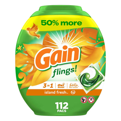 Gain Flings Liquid Washing Detergent Pacs with Odor Defense + Color Guard, 4-In-1 Liquid Laundry Detergent Pods, Clean & Fresh