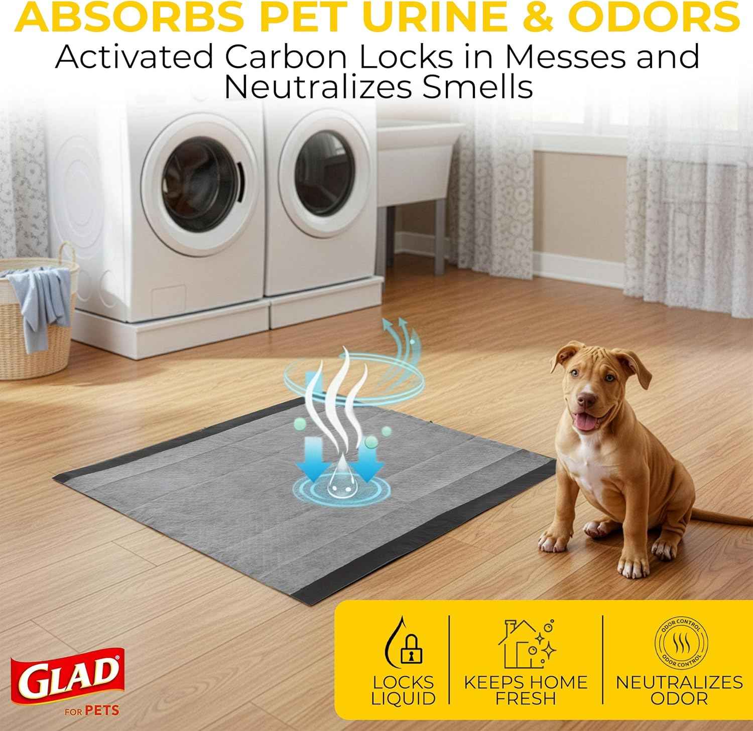 Glad for Pets Black Charcoal Puppy Pads - 6-Layer Leak-Proof Construction, Activated Carbon Odor Control, Pheromone Attractant - Disposable Dog Pee Pads for Potty Training