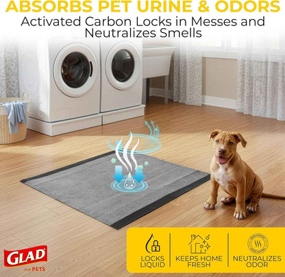 Glad for Pets Black Charcoal Puppy Pads - 6-Layer Leak-Proof Construction, Activated Carbon Odor Control, Pheromone Attractant - Disposable Dog Pee Pads for Potty Training