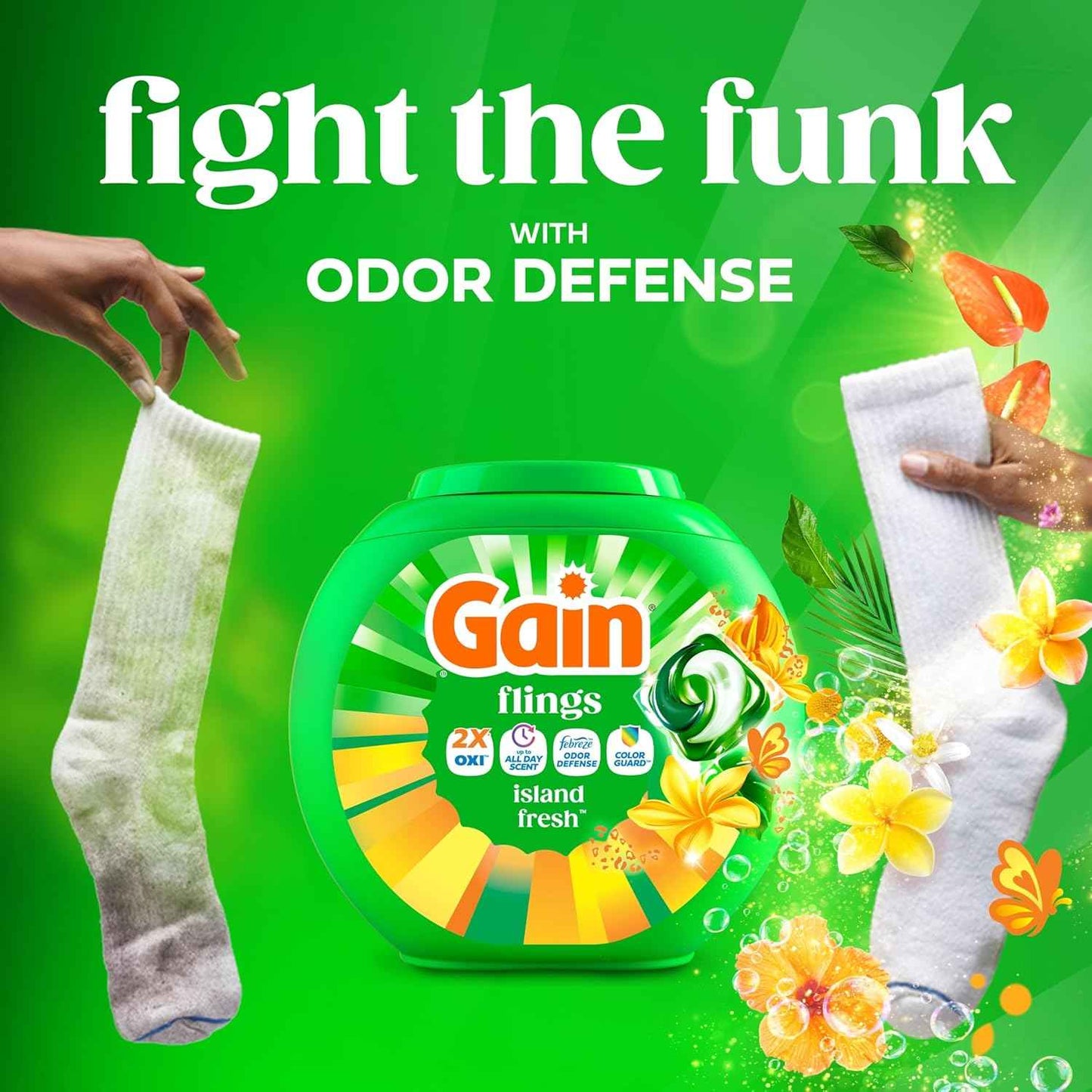 Gain Flings Liquid Washing Detergent Pacs with Odor Defense + Color Guard, 4-In-1 Liquid Laundry Detergent Pods, Clean & Fresh