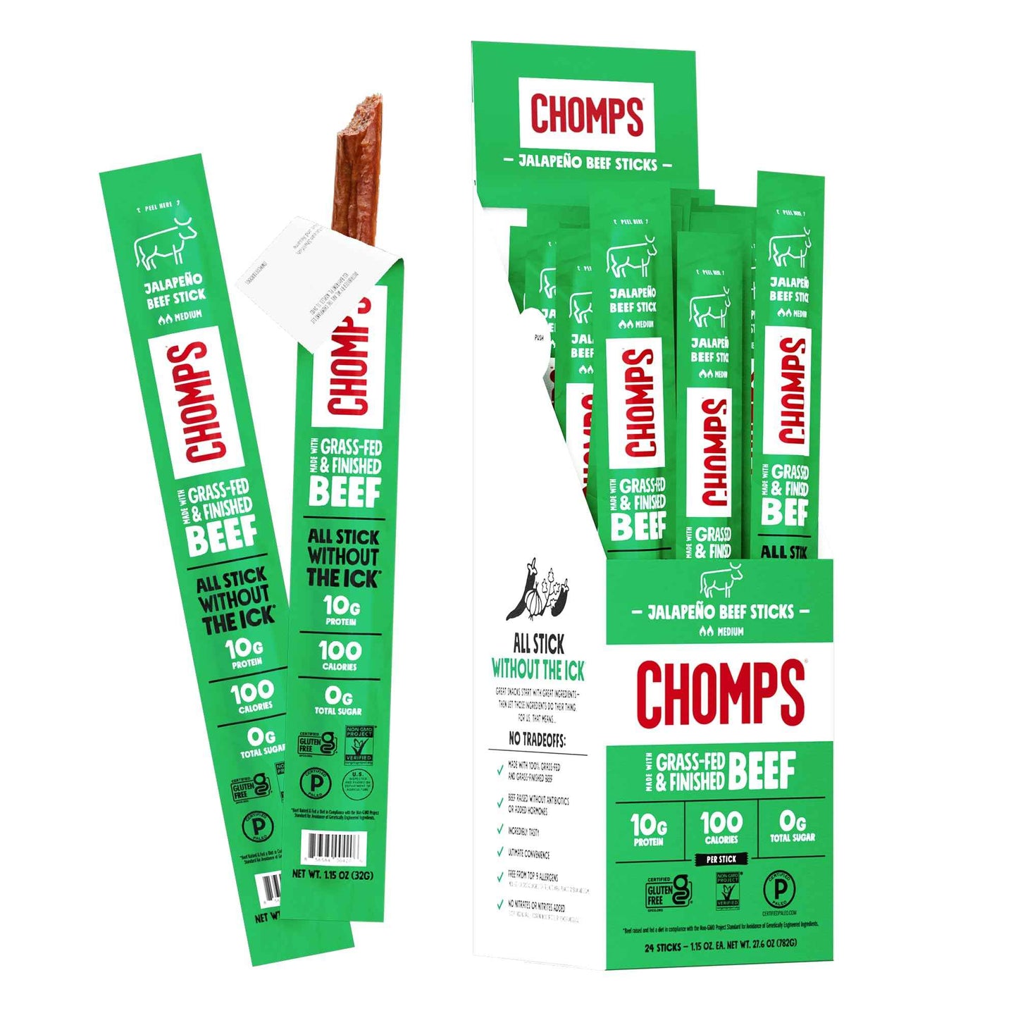 Chomps Grass-Fed and Finished Jerky Snack Sticks 24-Pack, Keto, Paleo, Whole30, 10g Protein, Gluten-Free