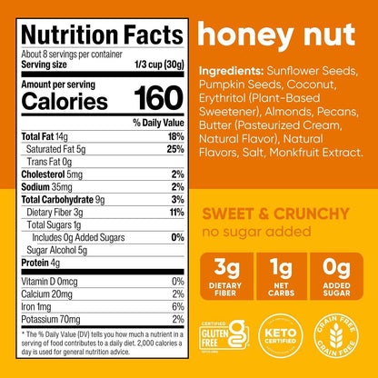 NuTrail Nut Granola Cereal, Honey Nut, No Sugar Added, Keto, Low Carb, Gluten Free, Grain Free, Healthy Breakfast 8 oz.