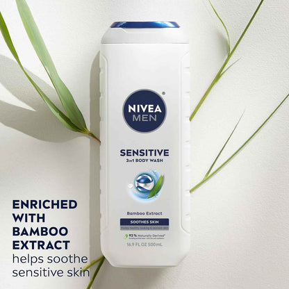 NIVEA MEN Sensitive Body Wash with Bamboo Extract, Moisturizing Body Wash for Sensitive Skin, Soap Free Shower Gel for Men with No Drying Alcohol, 16.9 Fl Oz Bottle